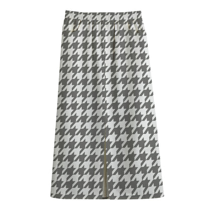 Grey And White Houndstooth Pattern Print Cotton Front Slit Maxi Skirt