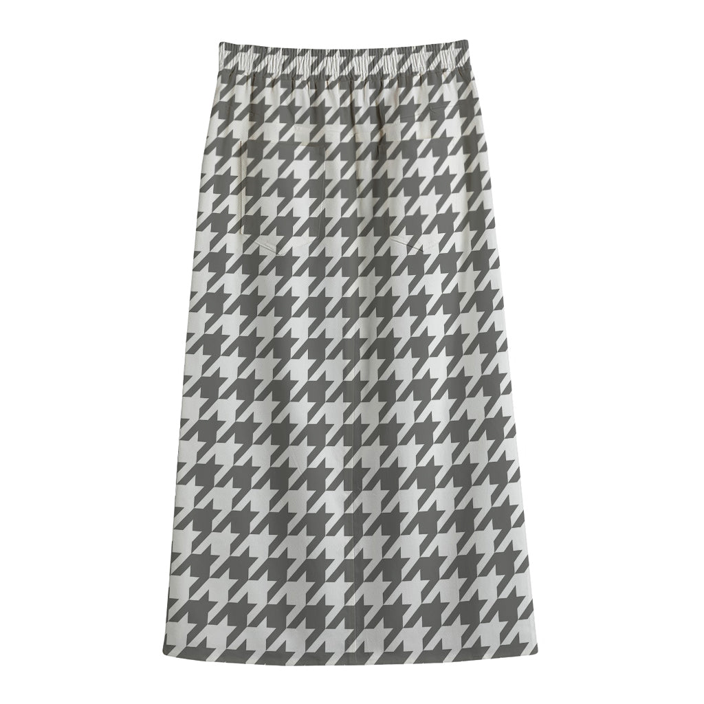 Grey And White Houndstooth Pattern Print Cotton Front Slit Maxi Skirt