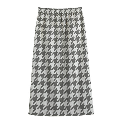 Grey And White Houndstooth Pattern Print Cotton Front Slit Maxi Skirt