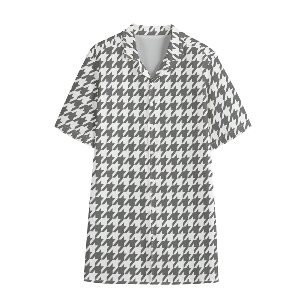 Grey And White Houndstooth Pattern Print Cotton Hawaiian Shirt