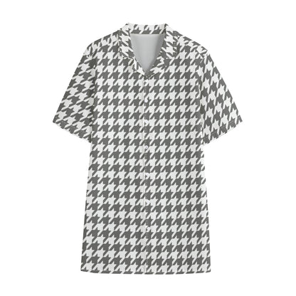 Grey And White Houndstooth Pattern Print Cotton Hawaiian Shirt
