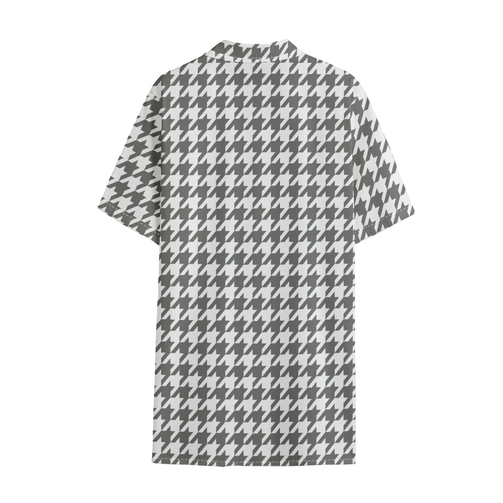 Grey And White Houndstooth Pattern Print Cotton Hawaiian Shirt