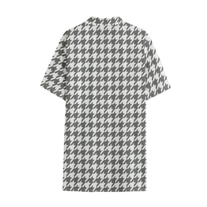 Grey And White Houndstooth Pattern Print Cotton Hawaiian Shirt