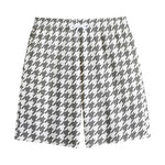 Grey And White Houndstooth Pattern Print Cotton Shorts