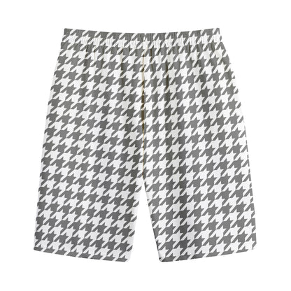Grey And White Houndstooth Pattern Print Cotton Shorts