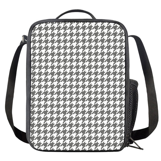 Grey And White Houndstooth Pattern Print Crossbody Lunch Bag