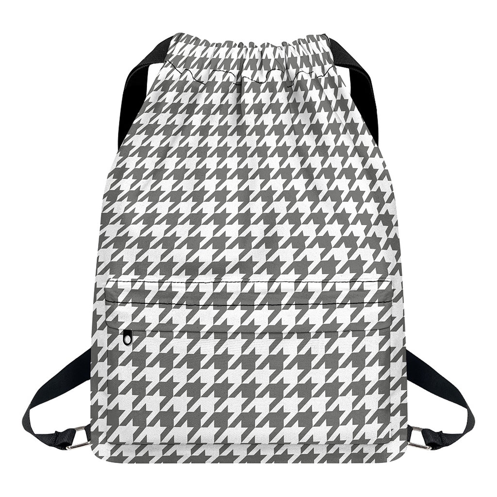 Grey And White Houndstooth Pattern Print Drawstring Backpack