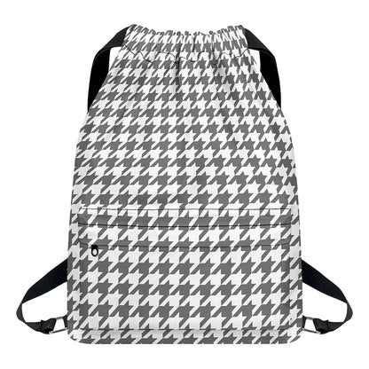 Grey And White Houndstooth Pattern Print Drawstring Backpack