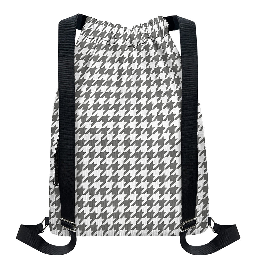 Grey And White Houndstooth Pattern Print Drawstring Backpack