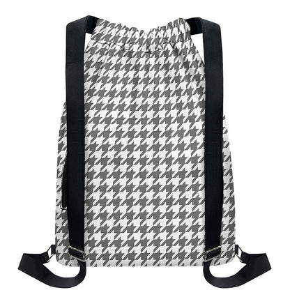 Grey And White Houndstooth Pattern Print Drawstring Backpack