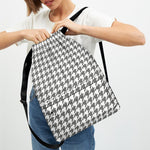 Grey And White Houndstooth Pattern Print Drawstring Backpack
