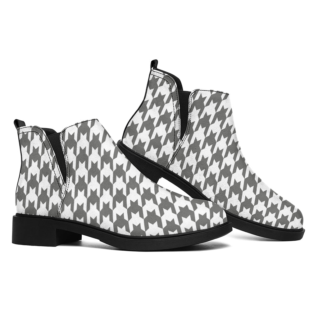 Grey And White Houndstooth Pattern Print Flat Ankle Boots