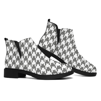 Grey And White Houndstooth Pattern Print Flat Ankle Boots