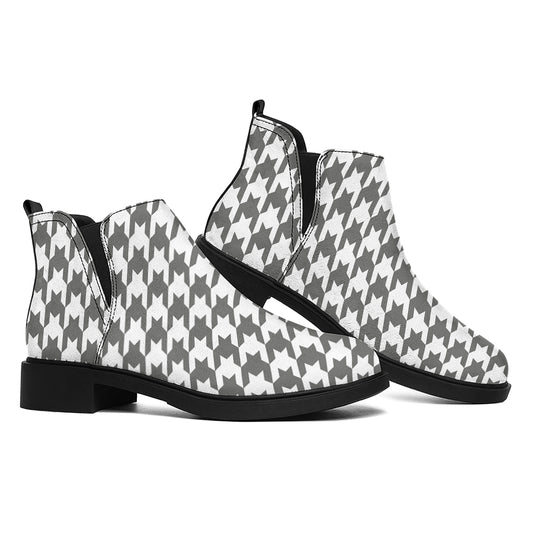 Grey And White Houndstooth Pattern Print Flat Ankle Boots