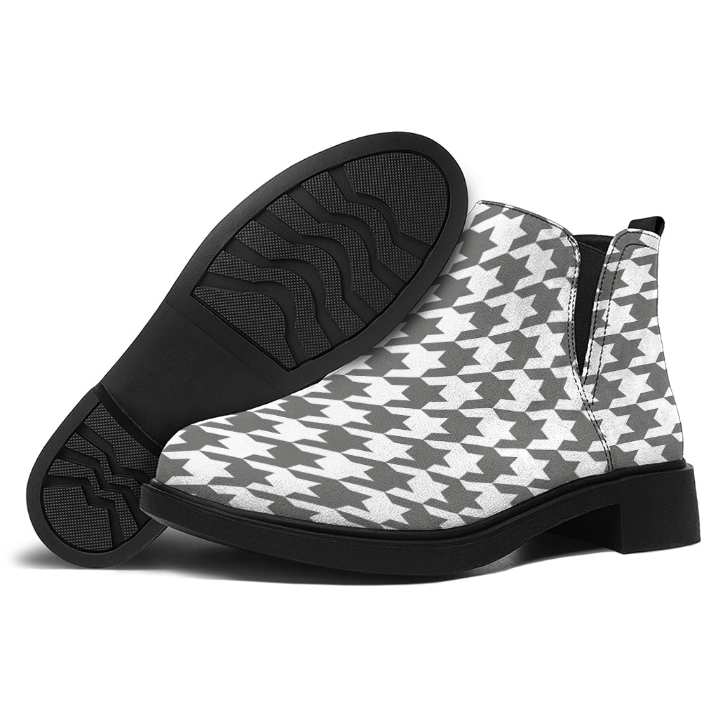 Grey And White Houndstooth Pattern Print Flat Ankle Boots