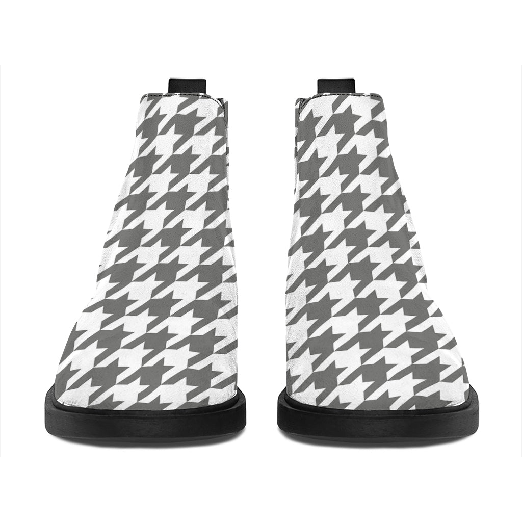 Grey And White Houndstooth Pattern Print Flat Ankle Boots