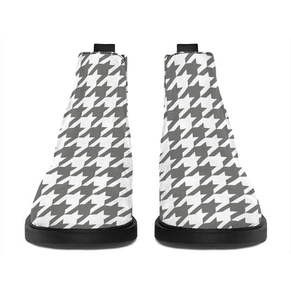 Grey And White Houndstooth Pattern Print Flat Ankle Boots