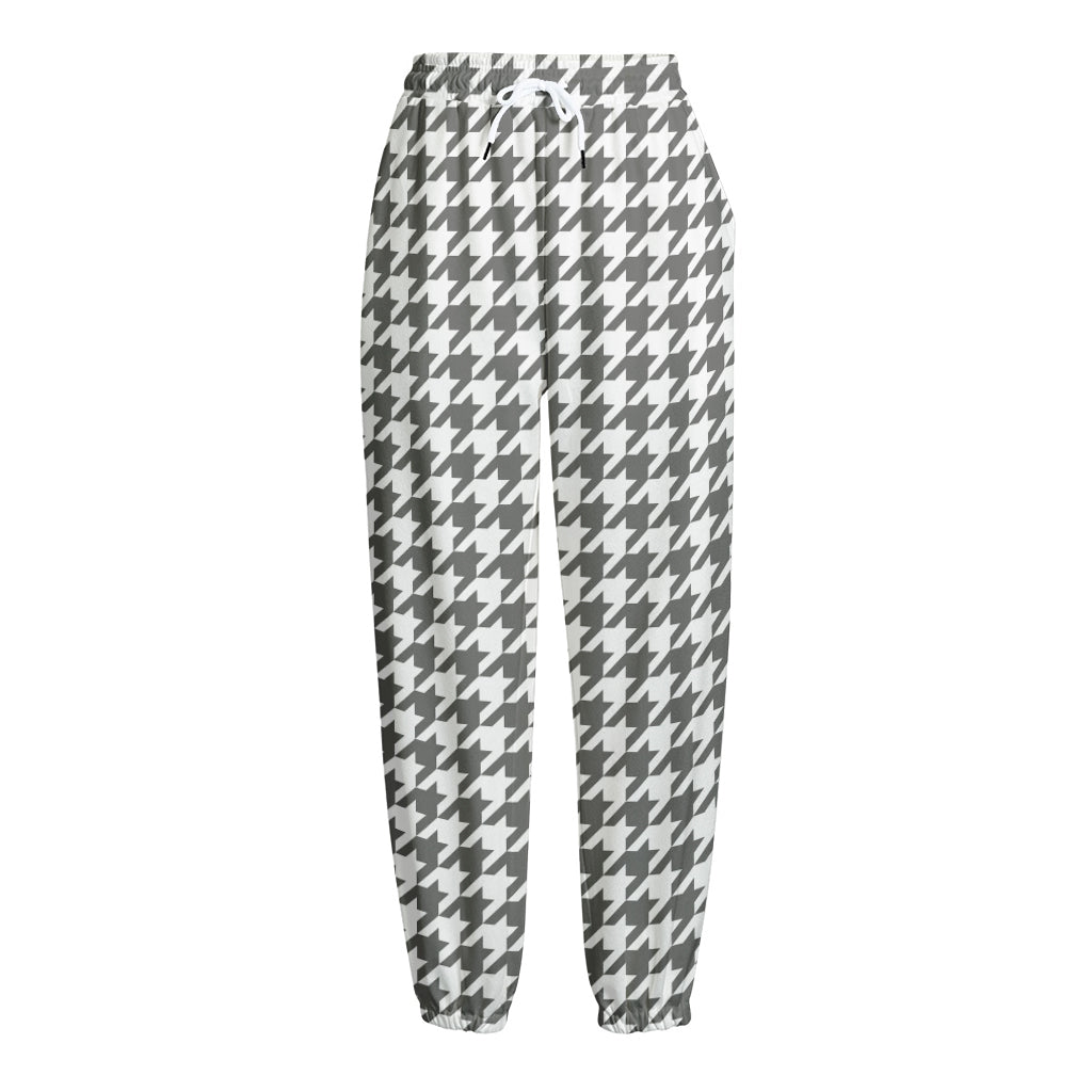 Grey And White Houndstooth Pattern Print Fleece Lined Knit Pants