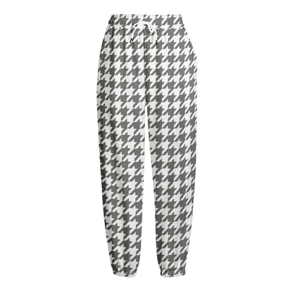 Grey And White Houndstooth Pattern Print Fleece Lined Knit Pants