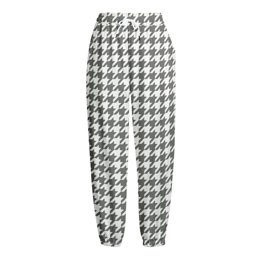 Grey And White Houndstooth Pattern Print Fleece Lined Knit Pants
