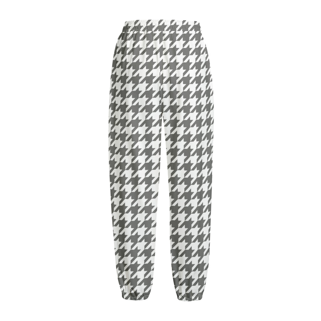 Grey And White Houndstooth Pattern Print Fleece Lined Knit Pants