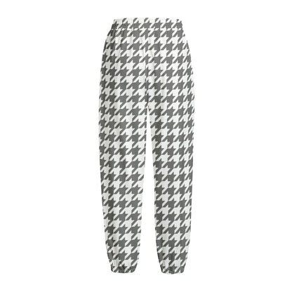 Grey And White Houndstooth Pattern Print Fleece Lined Knit Pants