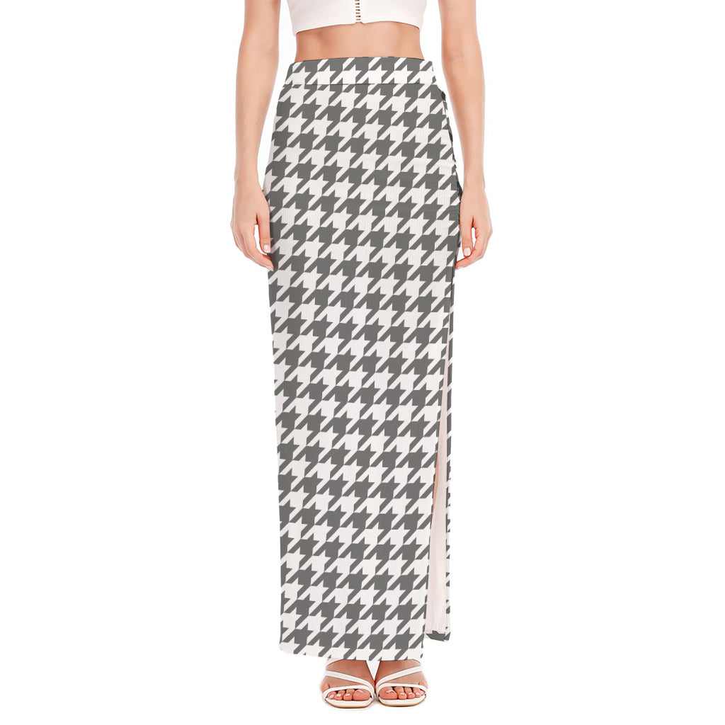 Grey And White Houndstooth Pattern Print High Slit Maxi Skirt