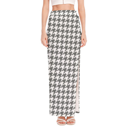 Grey And White Houndstooth Pattern Print High Slit Maxi Skirt