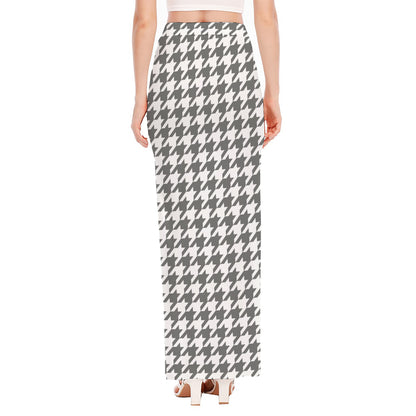 Grey And White Houndstooth Pattern Print High Slit Maxi Skirt