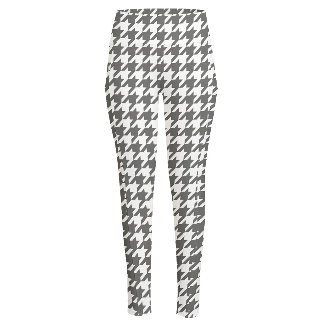 Grey And White Houndstooth Pattern Print High-Waisted Pocket Leggings