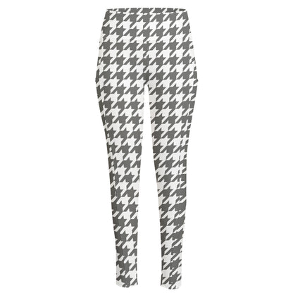 Grey And White Houndstooth Pattern Print High-Waisted Pocket Leggings