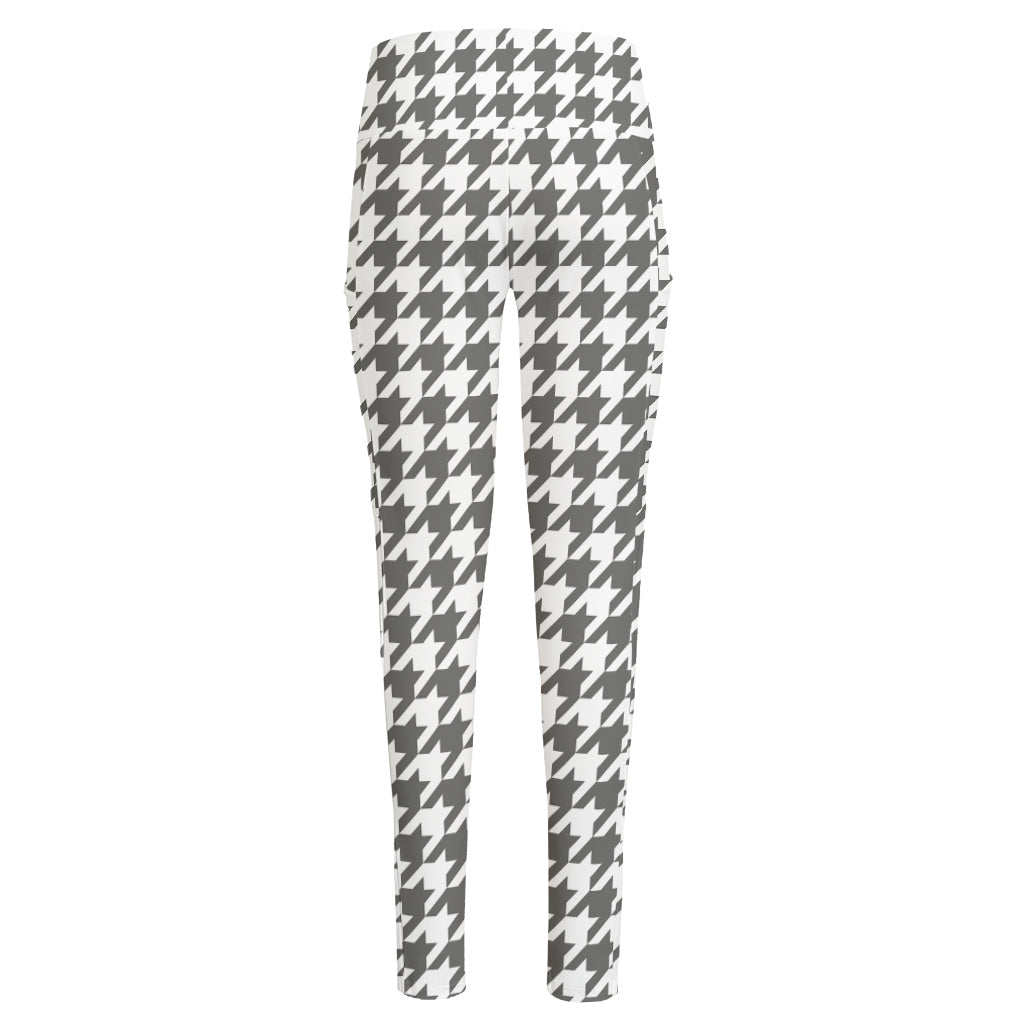 Grey And White Houndstooth Pattern Print High-Waisted Pocket Leggings