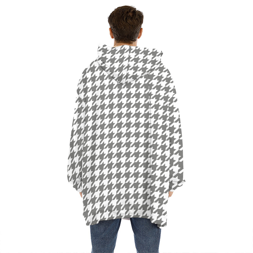 Grey And White Houndstooth Pattern Print Hoodie Blanket