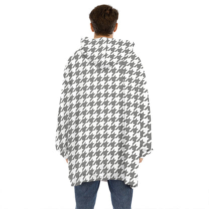 Grey And White Houndstooth Pattern Print Hoodie Blanket