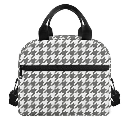 Grey And White Houndstooth Pattern Print Insulated Lunch Bag