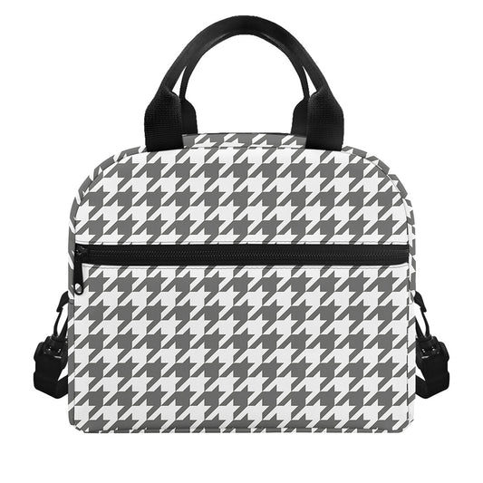 Grey And White Houndstooth Pattern Print Insulated Lunch Bag