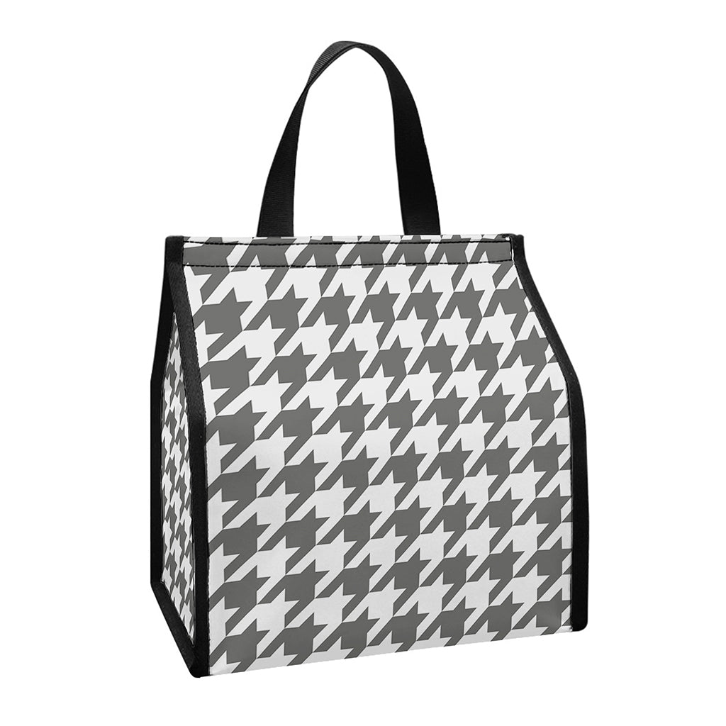Grey And White Houndstooth Pattern Print Insulated Lunch Tote