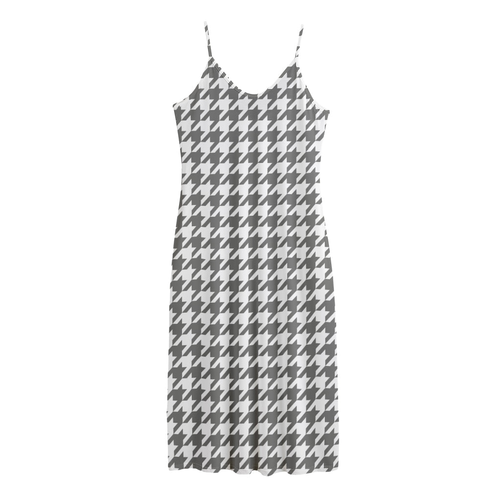 Grey And White Houndstooth Pattern Print Jersey Midi Cami Dress