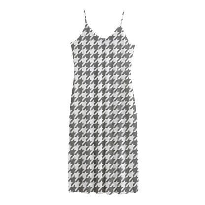 Grey And White Houndstooth Pattern Print Jersey Midi Cami Dress