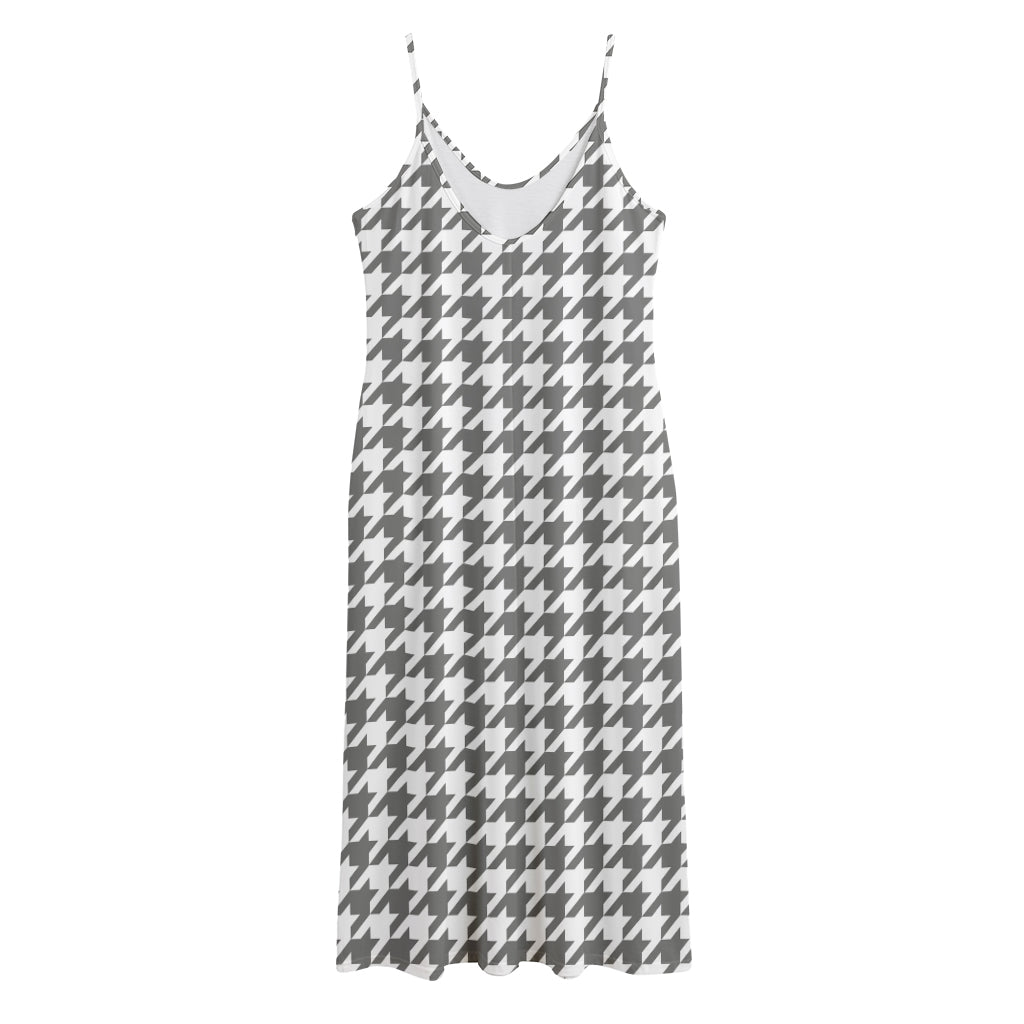 Grey And White Houndstooth Pattern Print Jersey Midi Cami Dress
