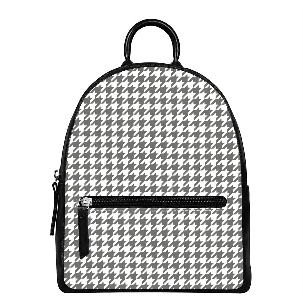 Grey And White Houndstooth Pattern Print Leather Backpack