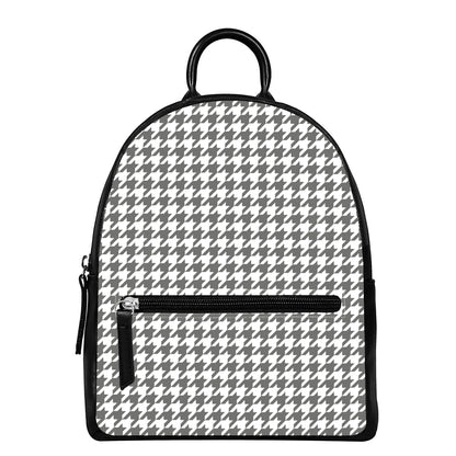 Grey And White Houndstooth Pattern Print Leather Backpack