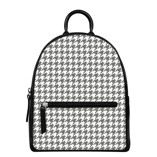 Grey And White Houndstooth Pattern Print Leather Backpack