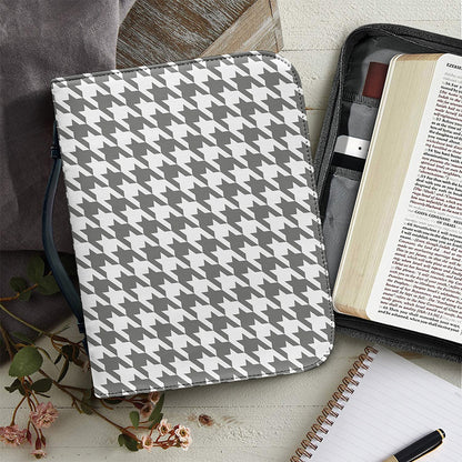 Grey And White Houndstooth Pattern Print Leather Bible Cover