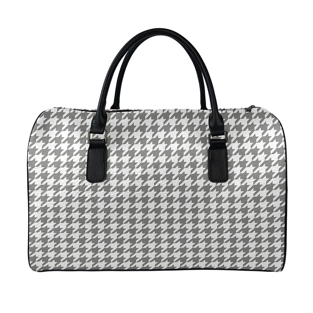 Grey And White Houndstooth Pattern Print Leather Duffle Bag