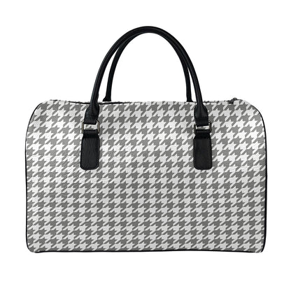 Grey And White Houndstooth Pattern Print Leather Duffle Bag