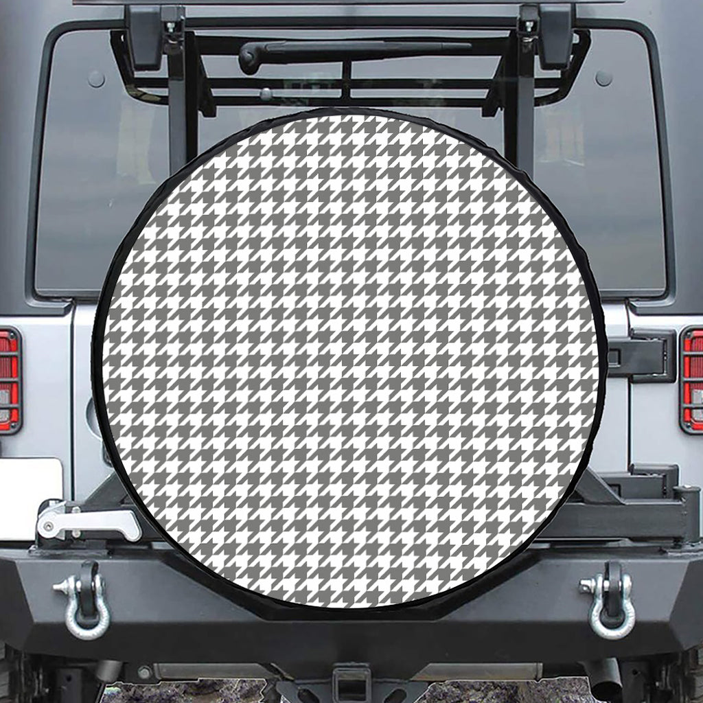 Grey And White Houndstooth Pattern Print Leather Spare Tire Cover