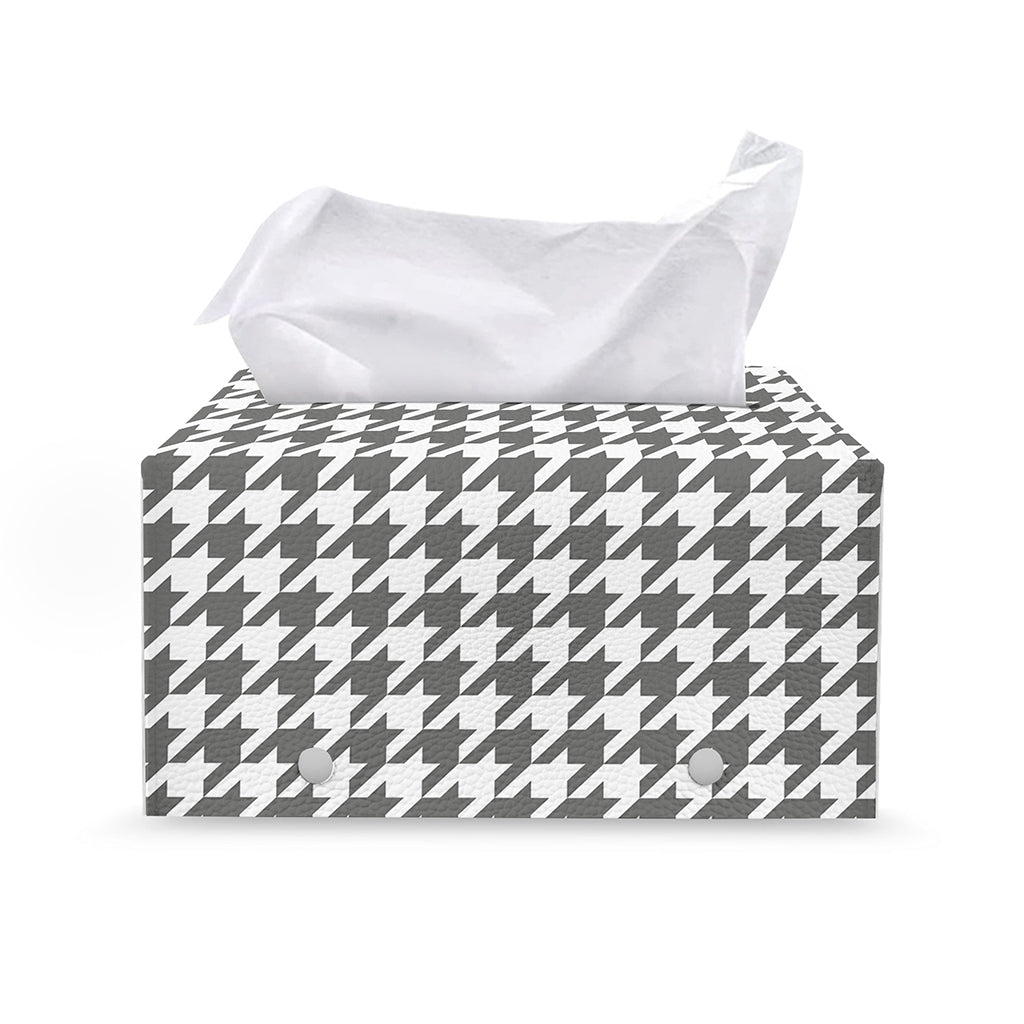 Grey And White Houndstooth Pattern Print Leather Tissue Box Cover