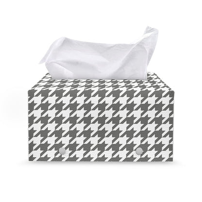 Grey And White Houndstooth Pattern Print Leather Tissue Box Cover