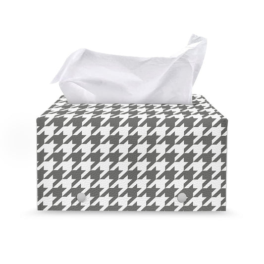 Grey And White Houndstooth Pattern Print Leather Tissue Box Cover